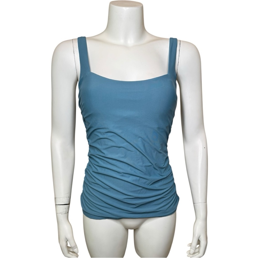 Athleta Square Neck Tankini Swim Top Bra Cup 34 B/C Blue Underwire Shirred